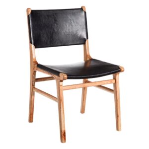 Silla de madera de teca con asiento en piel color negro – 50 x 52 x 83 cm