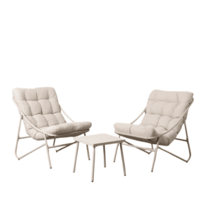 Conjunto de Jardín Beige en Acero para Exterior - 2 Sillones con Cojines Acolchados y Mesa de Centro, Diseño Moderno y Cómodo para Terraza y Jardín