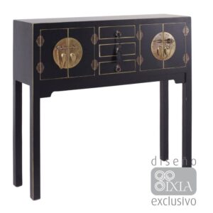 Consola Negra de DM con Diseño Clásico y Amplio Almacenamiento - 95 cm, 4 Puertas y 3 Cajones, Estilo Oriental
