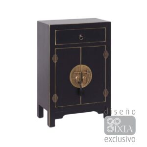 Mesita Negra de DM con Cajón y 2 Puertas - Estilo Oriental, 69 cm, Ideal para Almacenamiento