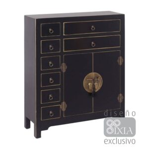 Mueble Auxiliar Negro Compacto de 90 cm con 2 Puertas y 8 Cajones - Estilo Oriental en DM