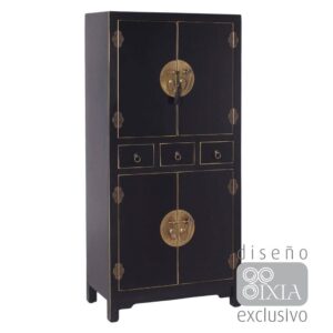 Mueble Auxiliar Negro Alto 131 cm - 4 Puertas y 3 Cajones, Estilo Oriental, Material Madera, Ideal para Almacenamiento