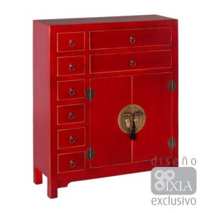 Mueble Auxiliar Rojo Pequeño de 90 cm con 2 Puertas y 8 Cajones - Estilo Oriental y Material de Madera