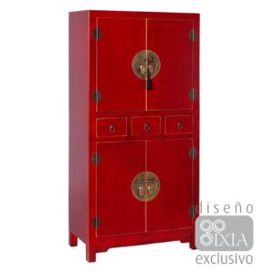 Mueble Auxiliar Alto Rojo de 131 cm con 4 Puertas y 3 Cajones - Estilo Oriental y Material de Madera