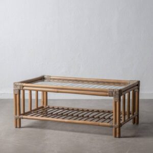 Mesa de Centro Natural de Ratán y Cristal Templado 100x60x40 cm