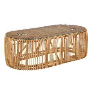 Mesa de Centro Natural de Ratán y Cristal de 43 cm - Elegancia y Estilo para tu Hogar