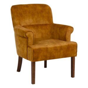 Sillón ocre tapizado en tela con estructura de madera para salón – 77 x 64 x 88 cm