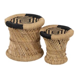 Set de 2 Mesas Auxiliares de Fibra Natural y Bambú - Estilo Rústico y Bohemio, 38 cm