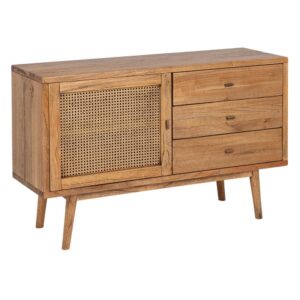 Aparador Miel de Madera Mindi con Fibra Natural - 120 cm, Diseño Elegante y Funcional para tu Hogar