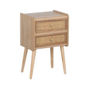 Mesita de Madera Natural Paulonia y DM con 2 Cajones de Ratán - 63 cm, Estilo Moderno y Funcional para Decoración de Hogar