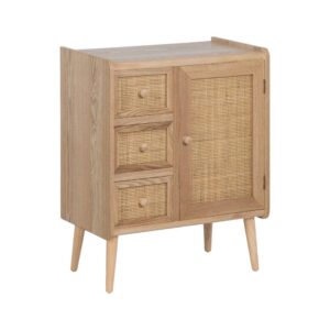 Mueble Auxiliar Natural de Ratán 75 cm con 3 Cajones y Puerta - Diseño Elegante en Madera Paulonia y DM