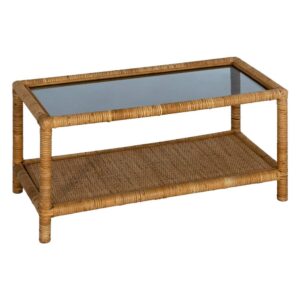 Mesa de Centro Natural de Ratán y Cristal de 42 cm - Diseño Elegante y Funcional para tu Salón