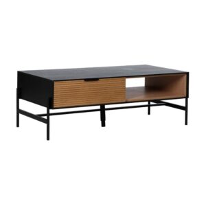 Mesa de Centro Negra y Natural de DM y Madera de Fresno - Diseño Moderno, 124x60x43.5 cm, Patas para Montar, Colección Orleans
