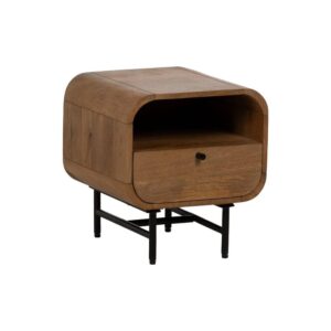 Mesita de Madera Natural de Mango para Salón con Cajón y Patas Metálicas - Elegancia Moderna y Almacenamiento Práctico 45 cm