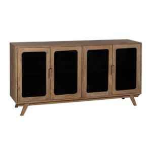 Aparador de Madera Natural de Mango con Puertas de Cristal - 162 cm, Estilo Moderno y Elegante para tu Hogar