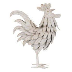 Figura de Gallo Blanco Rozado en Metal Detallado - 49,5 cm | Decoración Elegante para el Hogar