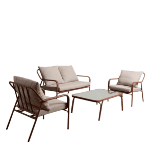 Conjunto de Jardín Terracota en Acero para Exterior - Sofá, Sillones y Mesa de Centro con Cristal Templado, Cojines Desenfundables y Diseño Elegante para Terrazas y Jardines