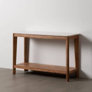 Consola de Madera Natural de Acacia con Diseño Elegante y Superficie de Mármol Blanco - 116 cm, Ideal para Salón y Hall
