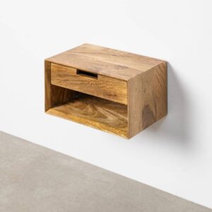 Mesita Flotante Miel Madera de Mango 40x25x23 cm con Cajón y Anclaje