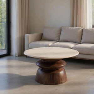 Mesa de Centro de Mármol y Madera de Mango 75x75x39 cm