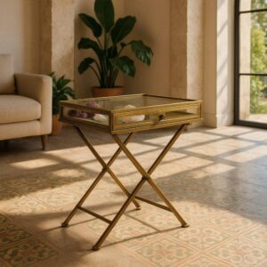 Mesa de Metal y Cristal Oro 61x36x59 cm para Montar