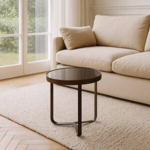 Mesita de Noche Marrón Oscuro de Metal y Cristal 40x40x45 cm