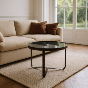 Mesita de Noche Marrón Oscuro de Metal y Cristal 60,5x60,5x50 cm