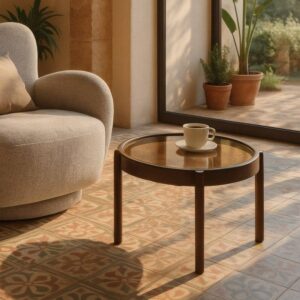 Mesita de Noche Marrón Oscuro de Metal y Cristal 61,5x61,5x43 cm