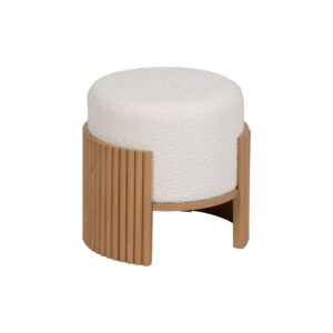 Puf Blanco-Natural de Chenilla 100% Poliéster, 43x43x41 cm, Patas de Madera