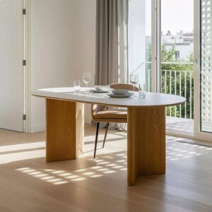 Mesa Comedor Blanco-Natural DM con Top Cerámico Imitación Mármol 180x90 cm