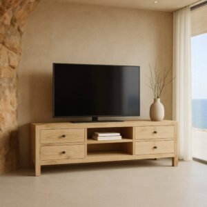 Mueble TV Natural Madera Mindi 150x40x55 cm con Cajones 44,5x15 cm