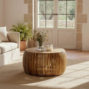 Mesa de Centro de Madera de Mango y Ratán 75x75x43 cm