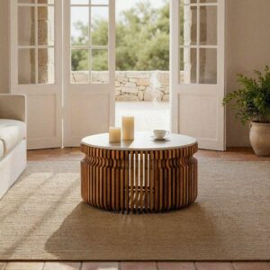 Mesa de Centro de Madera de Mango y Mármol Natural 80x80 cm