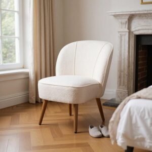 Sillón beige con estructura de madera de caucho para salón – 54 x 64 x 73 cm
