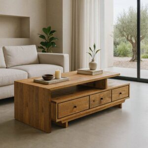 Mesa de Centro Natural de Madera de Mango 150x60x45 cm con Cajones