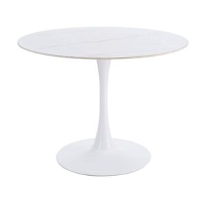 Mesa Comedor Blanco de Piedra Sinterizada 100x100x75 cm con Base de Metal