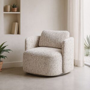 Sillón giratorio beige tapizado en tela para salón – 87 x 85 x 66 cm
