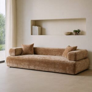 Sofá beige de tela para salón moderno – 245 x 100 x 64 cm