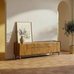 Mueble TV Natural de Madera de Mango con Dos Puertas y Cajón 160x40x50 cm