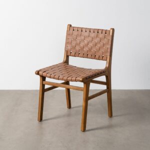 Silla de madera de teca con asiento en piel color marrón – 50 x 56 x 87 cm