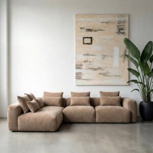 Sofá chaise longue izquierdo beige de tela para salón – 307 x 202 x 81 cm
