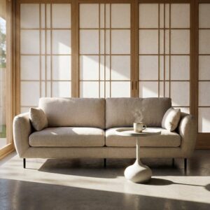 Sofá 3 plazas crema de tela con estructura metálica – 229 x 92 x 88 cm