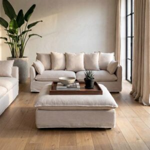 Puf beige tapizado en tela para salón o dormitorio – 100 x 100 x 42 cm