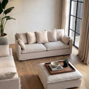 Sofá 3 plazas beige tapizado en tela para salón moderno – 212 x 104 x 76 cm