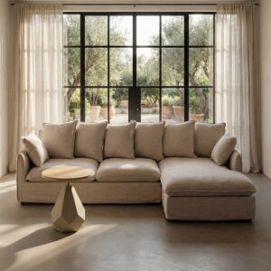 Sofá chaise longue beige de tela para salón moderno – 252 x 158 x 84 cm