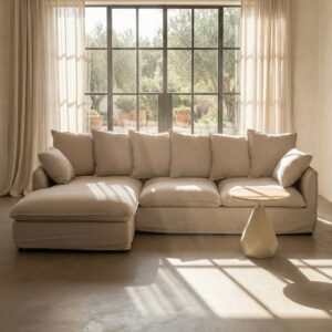 Sofá chaise longue beige de tela para salón moderno – 254 x 158 x 84 cm