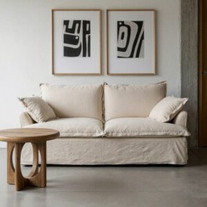 Sofá 2 plazas beige con estructura de madera y tapizado en tela – 200 x 109 x 90 cm