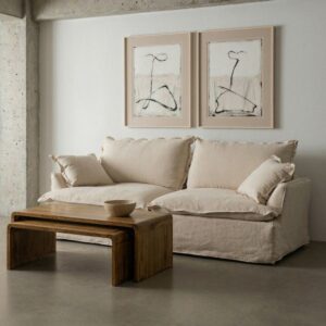 Sofá 3 plazas beige con estructura de madera y tapizado en tela – 230 x 109 x 90 cm