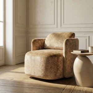 Sillón giratorio beige tapizado en tela para salón – 87 x 85 x 66 cm