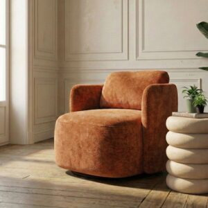 Sillón giratorio terracota tapizado en tela para salón – 87 x 85 x 66 cm
